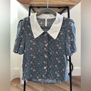 Rylee + Cru Floral Blouse, blue and pink cotton, size 4/5